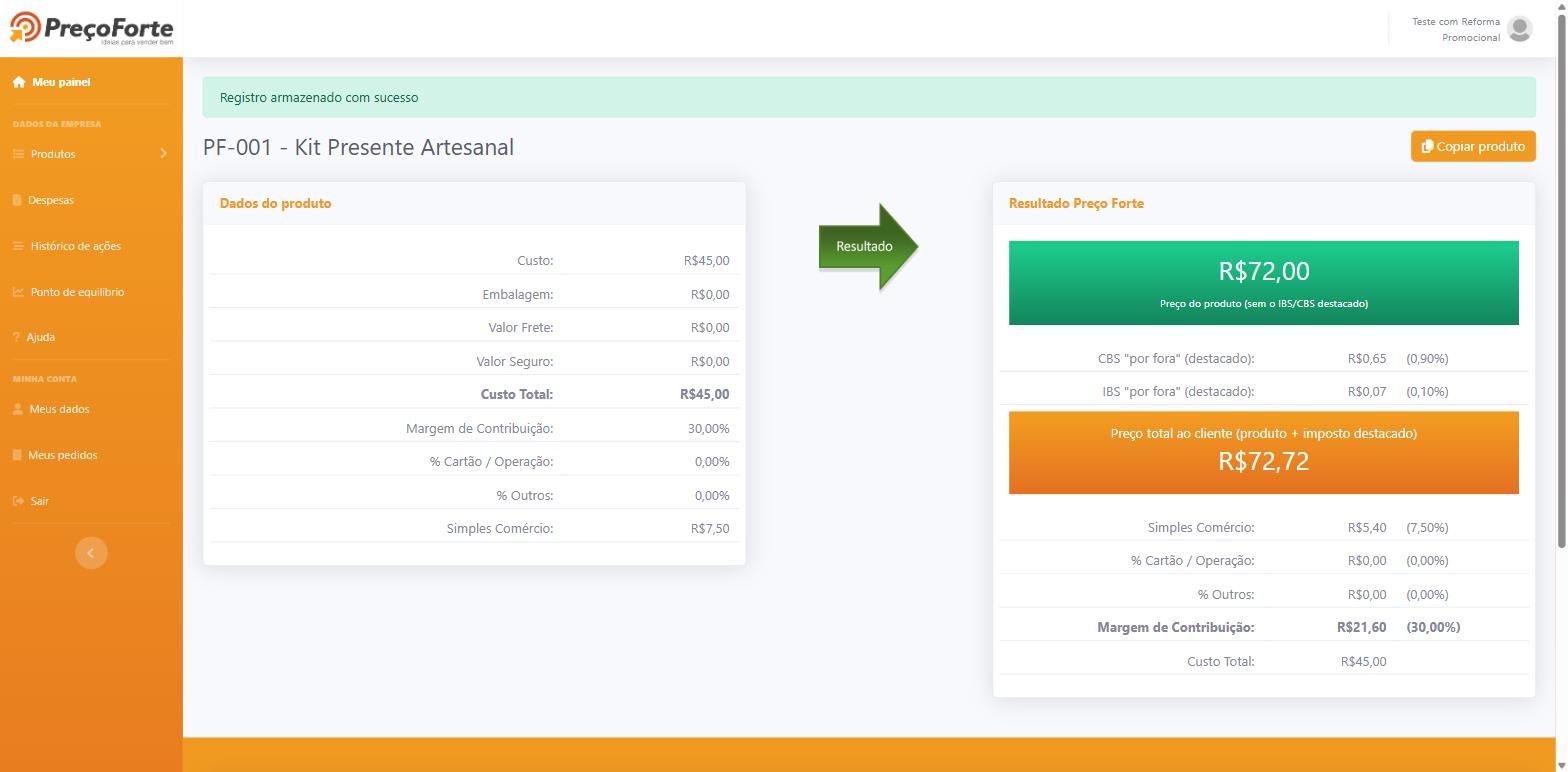Tela de resultado mostrando o preço do produto sem o IBS/CBS destacado de R$72,00, o CBS por fora de R$0,65, o IBS por fora de R$0,07 e o preço total ao cliente de R$72,72